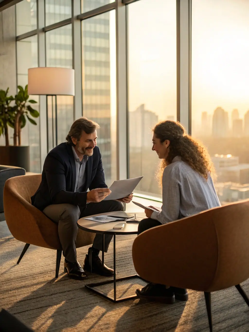An image of a financial advisor in a modern office, discussing investment options with a client while pointing at a digital chart displaying growth trends in the Mexican stock market.