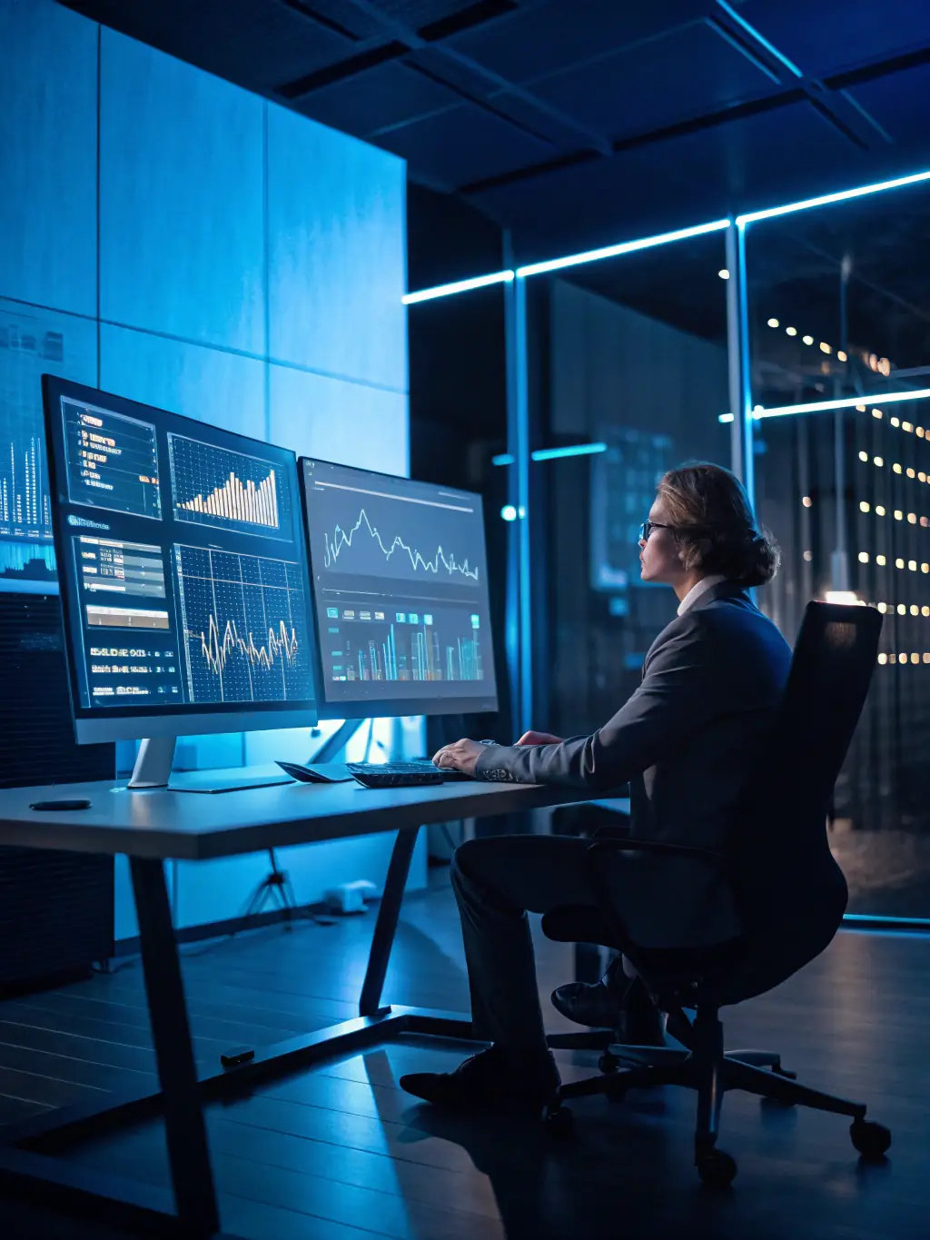 A professional financial analyst reviewing market data on multiple screens, highlighting the use of advanced tools for financial planning in Mexico.