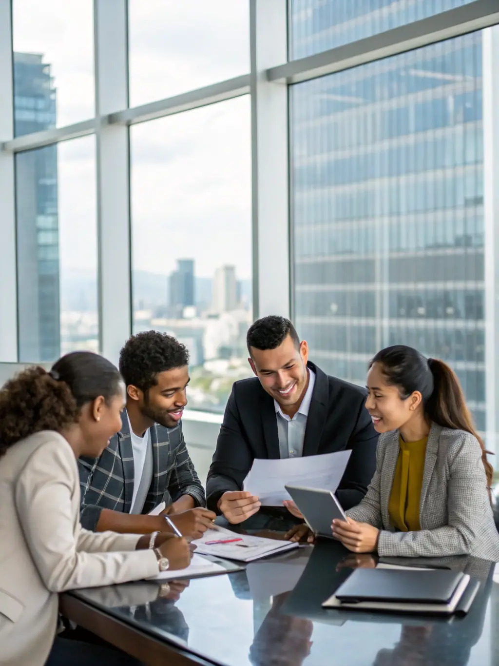 A diverse group of business professionals collaborating on financial strategies in a modern office setting, emphasizing teamwork and expertise.