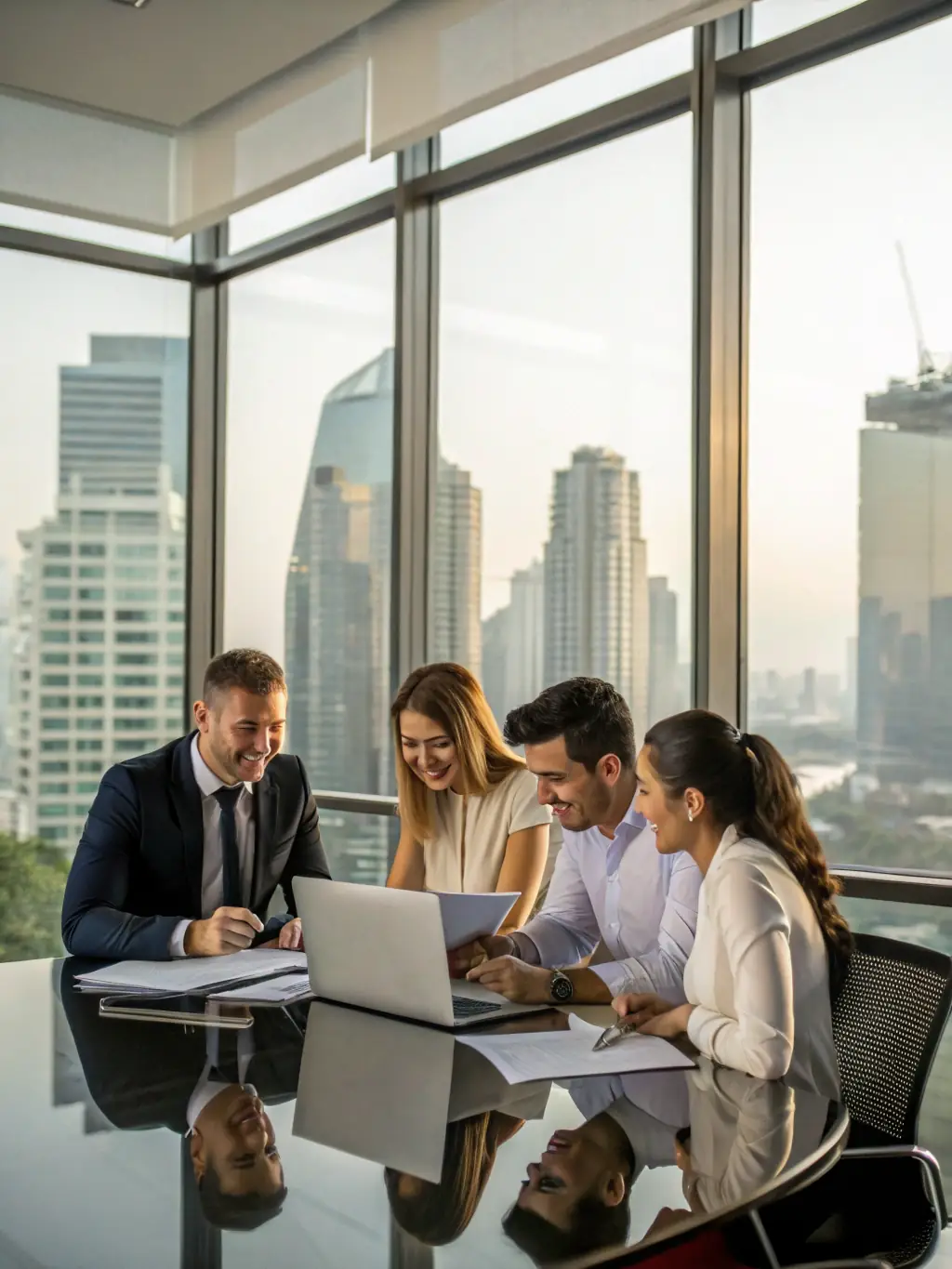 A diverse group of professionals collaborating in a modern office space in Mexico, symbolizing teamwork and financial expertise.